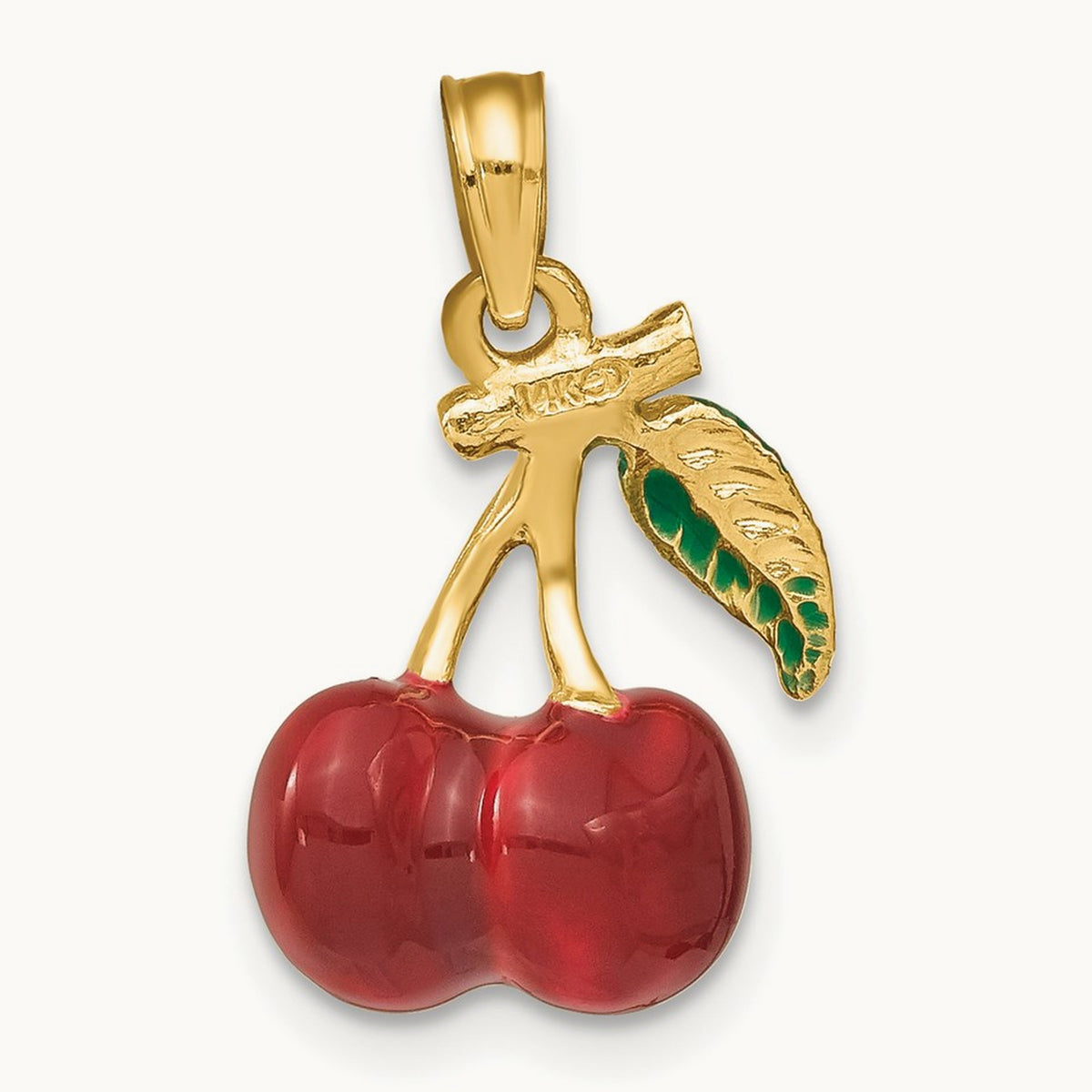 3-D Enamel Cherries W/ Leaf Charm, 14K