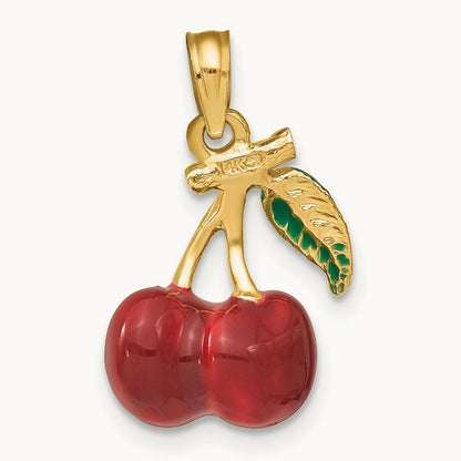 3-D Enamel Cherries W/ Leaf Charm, 14K
