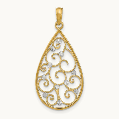Beaded Filigree Diamond-cut Teardrop Charm with rhodium — 30mm