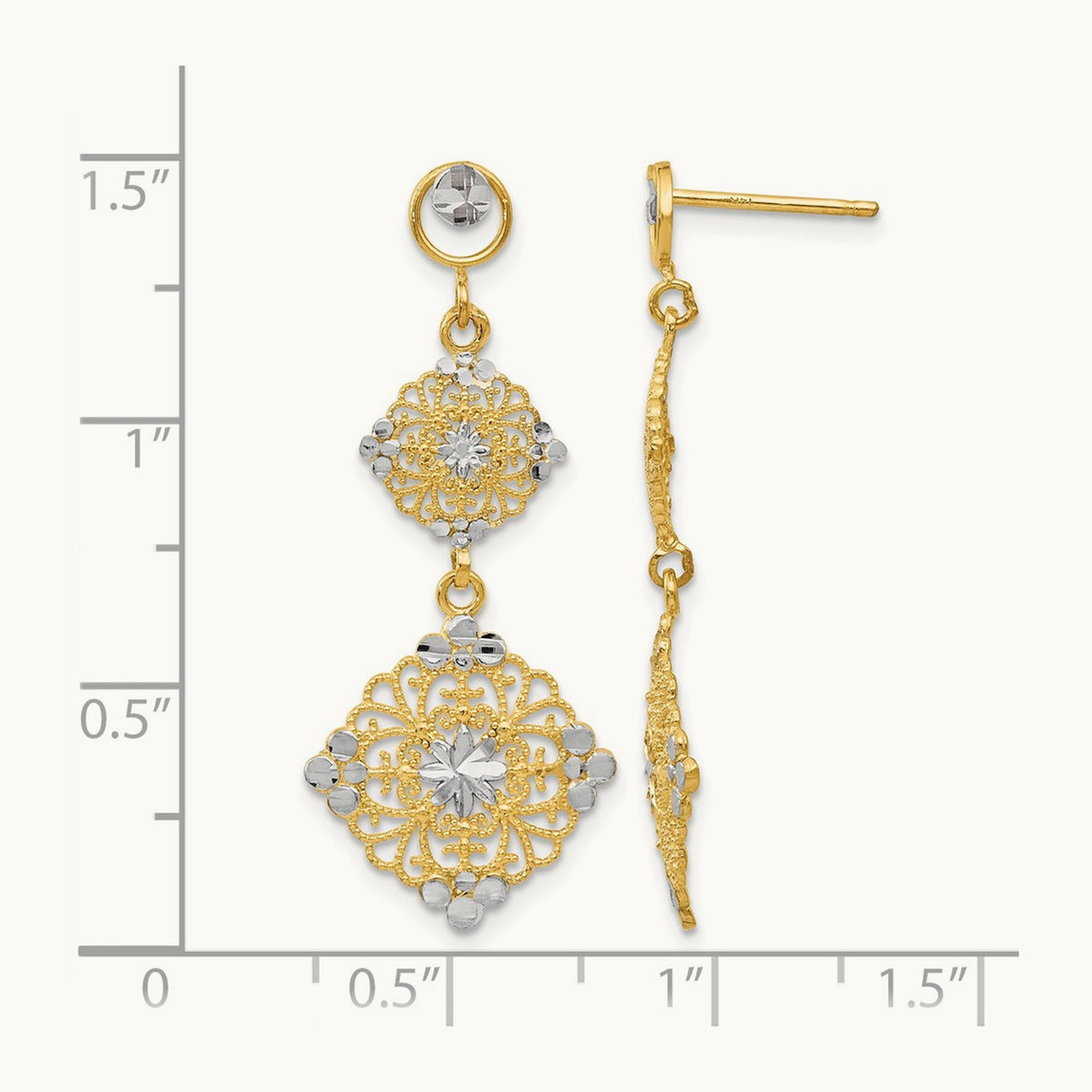 Diamond-cut Filigree Dangle Earrings — 14K Two-Tone Gold