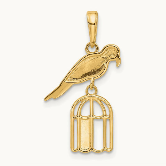 D/C Bird on Bird Cage Pendant, 14K with White Rhodium