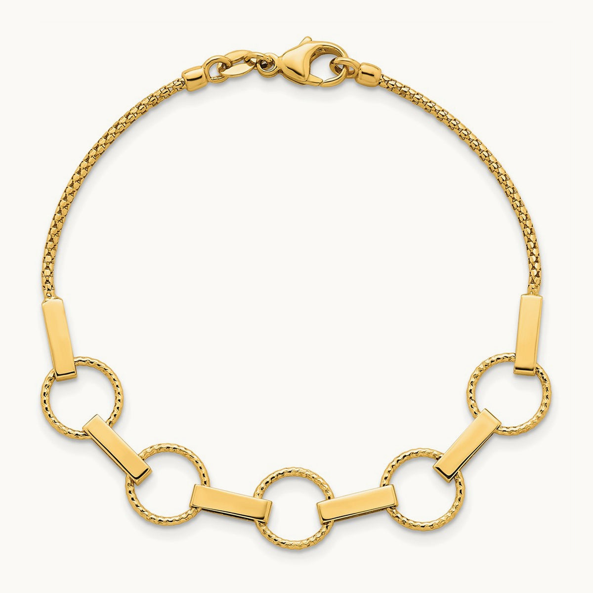 Polished and Textured Circles and Bars Bracelet, 14K