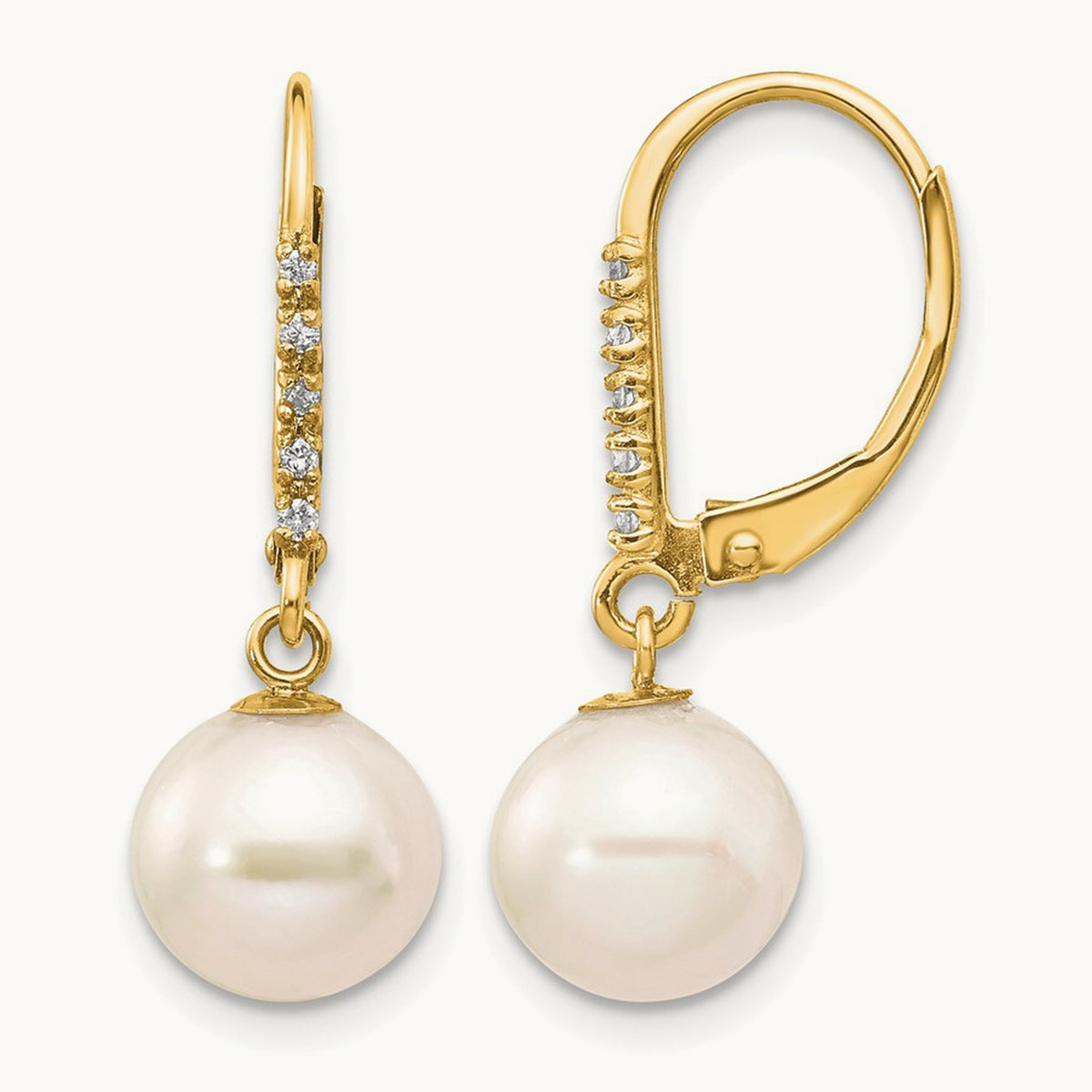 Round Freshwater Cultured Pearl Diamond Leverback Earrings — 14K Yellow Gold