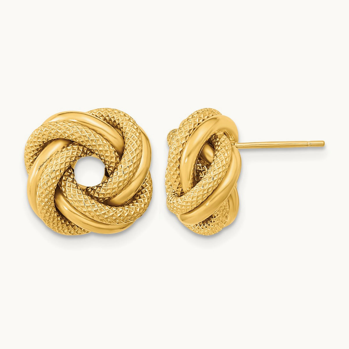 Polished Textured Double Love Knot Post Earrings — 14K Yellow Gold