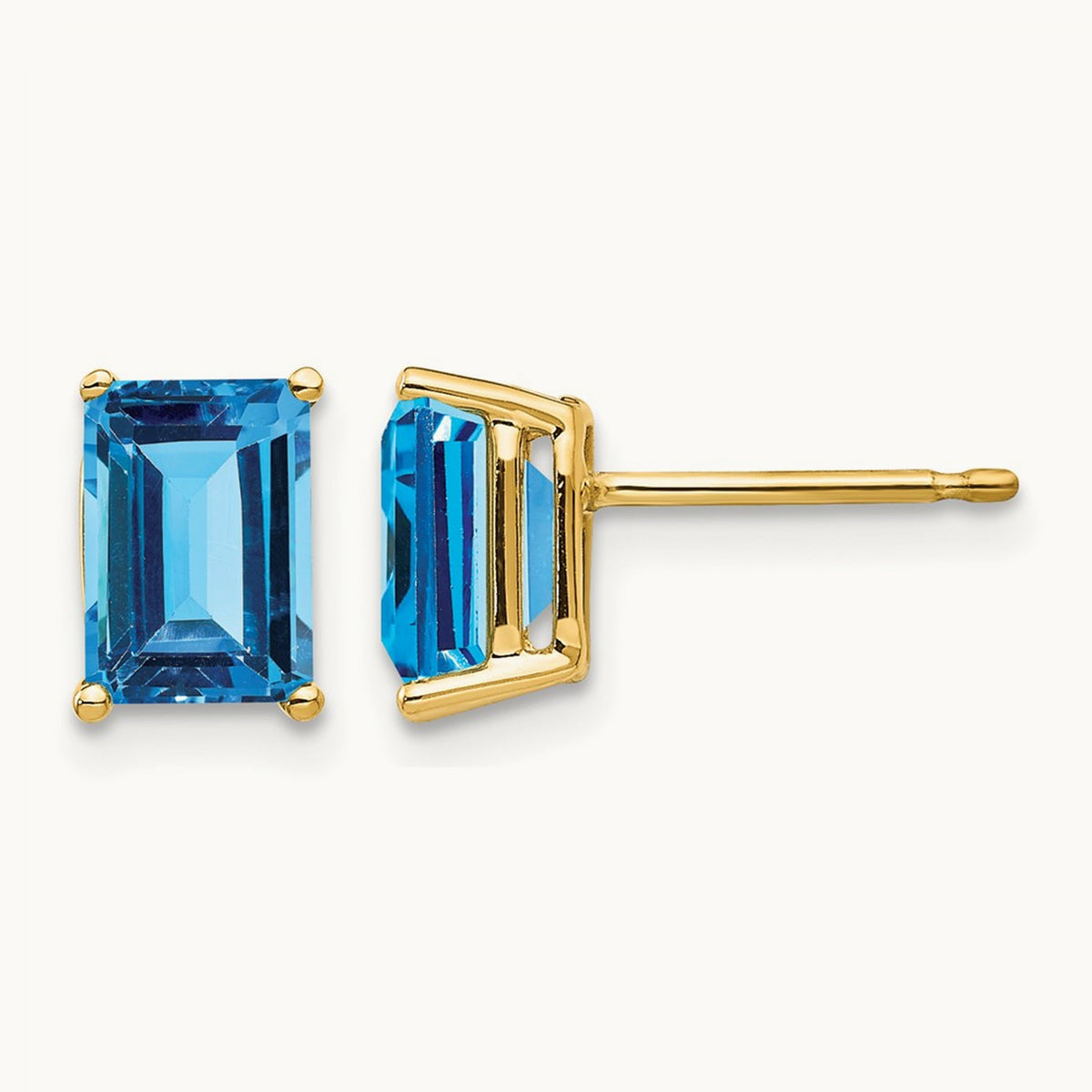 7x5mm Emerald Cut Blue Topaz Earrings, 14K