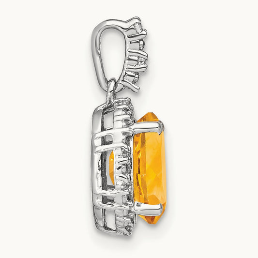 Oval Citrine and Diamond Halo Pendant, 14K White Gold