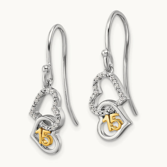 Polished Diamond Quinceanera Double Heart Dangle Earrings, 14K Two-tone