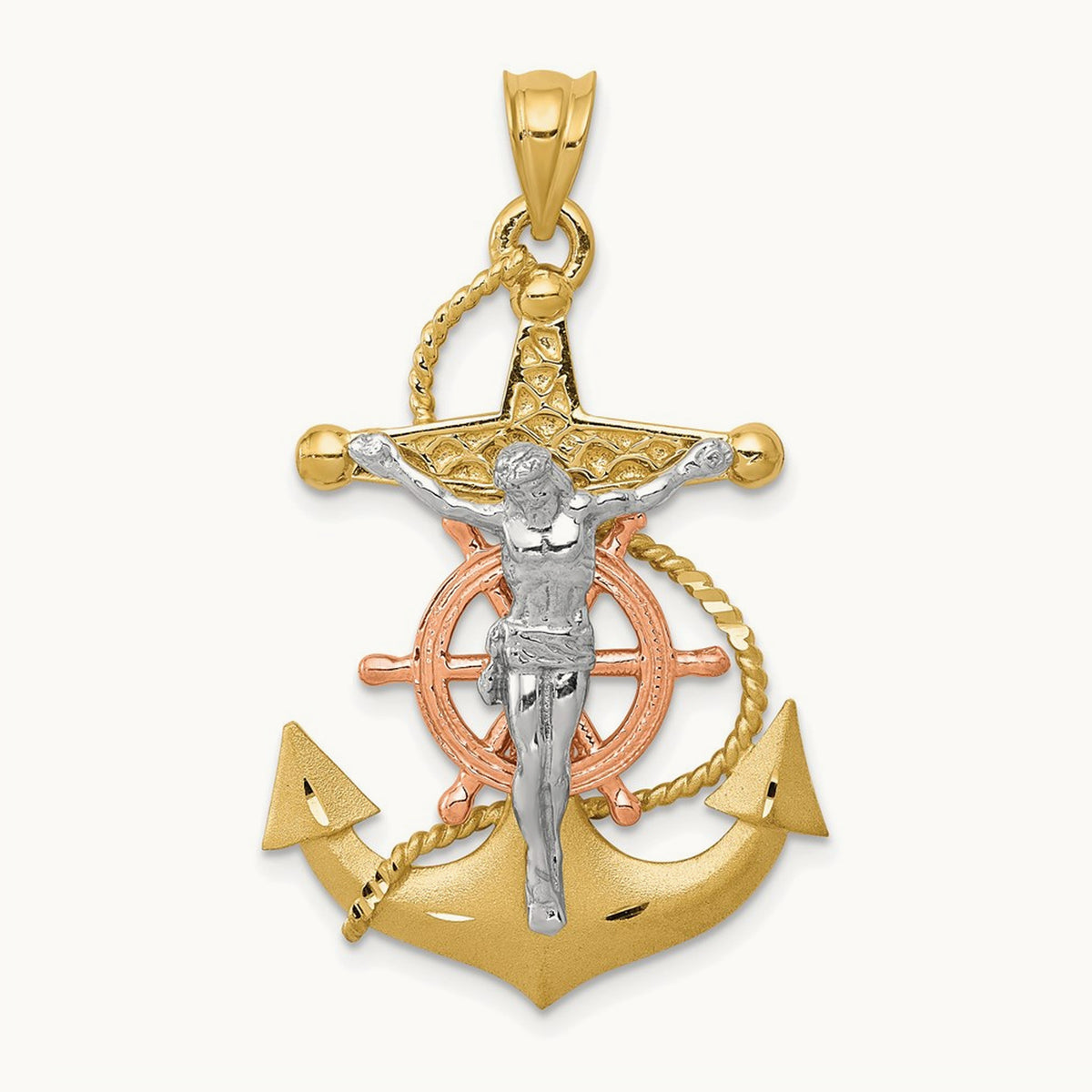 Tri-color Mariners Cross Pendant, 14K