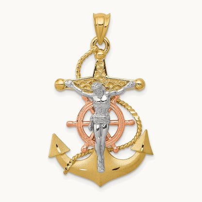Tri-color Mariners Cross Pendant, 14K