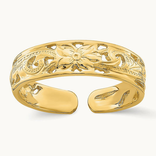 Adjustable Flower w/ Leaf Trim Toe Ring, 14K