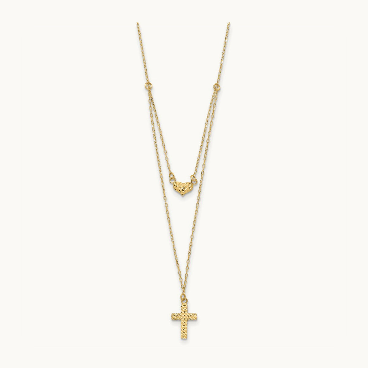 Polished 2-Strand D/C Cross & Heart w/2in. Ext. Necklace, 14K