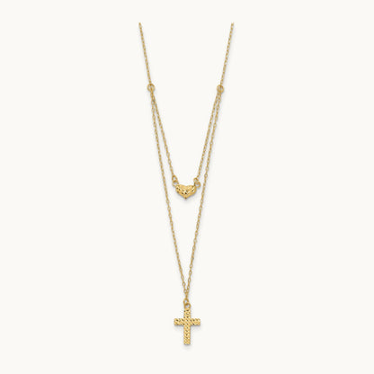 Polished 2-Strand D/C Cross & Heart w/2in. Ext. Necklace, 14K