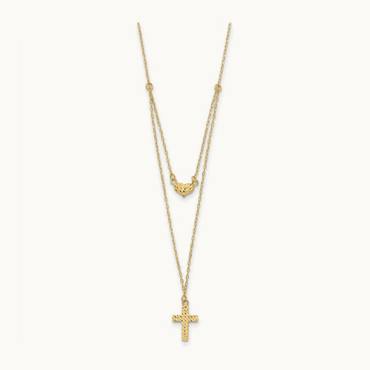 Polished 2-Strand D/C Cross & Heart w/2in. Ext. Necklace, 14K