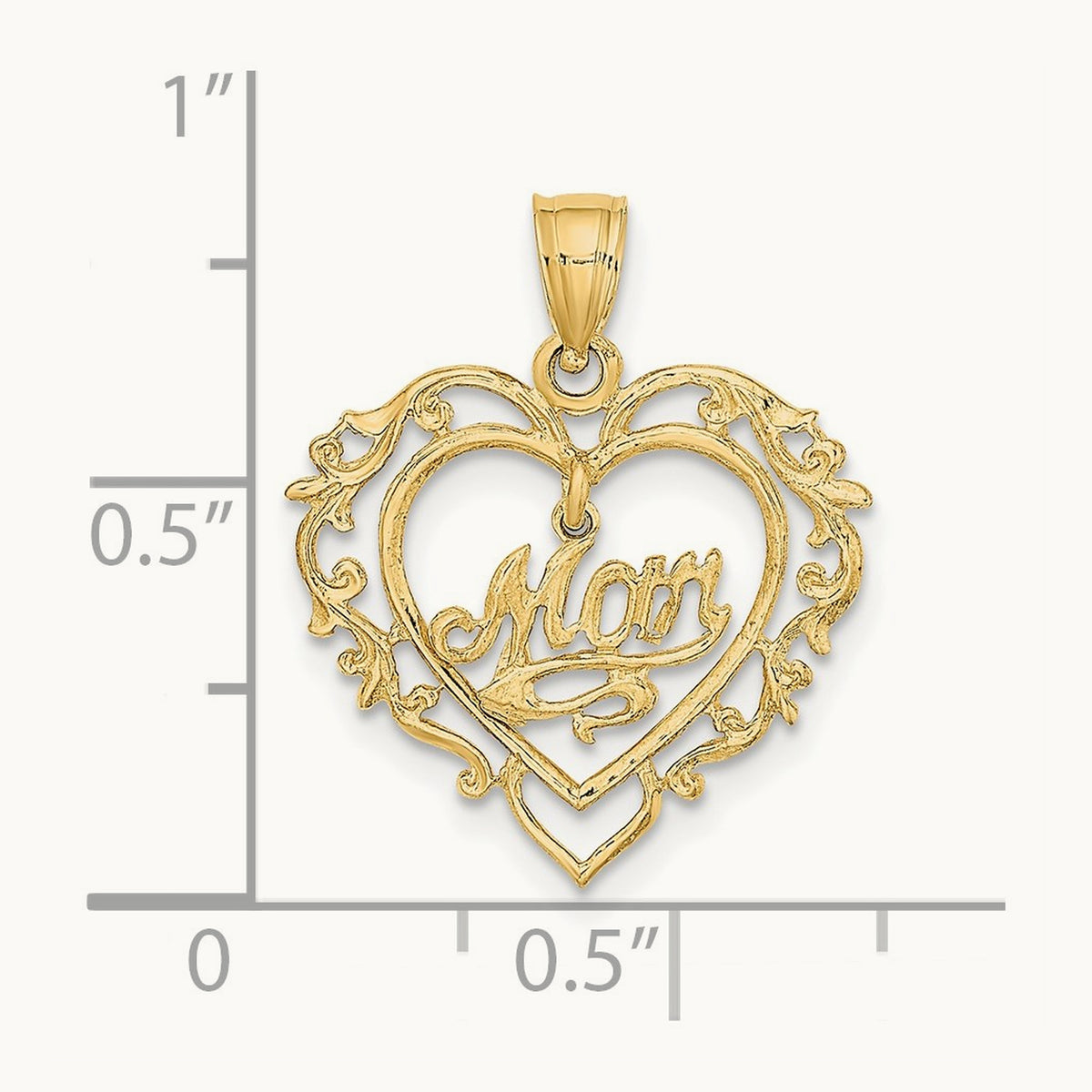 Polished MOM Dangle in Fancy Heart Pendant, 14K