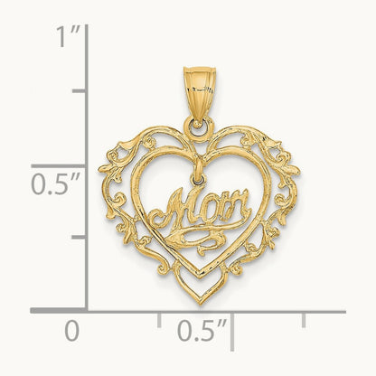 Polished MOM Dangle in Fancy Heart Pendant, 14K