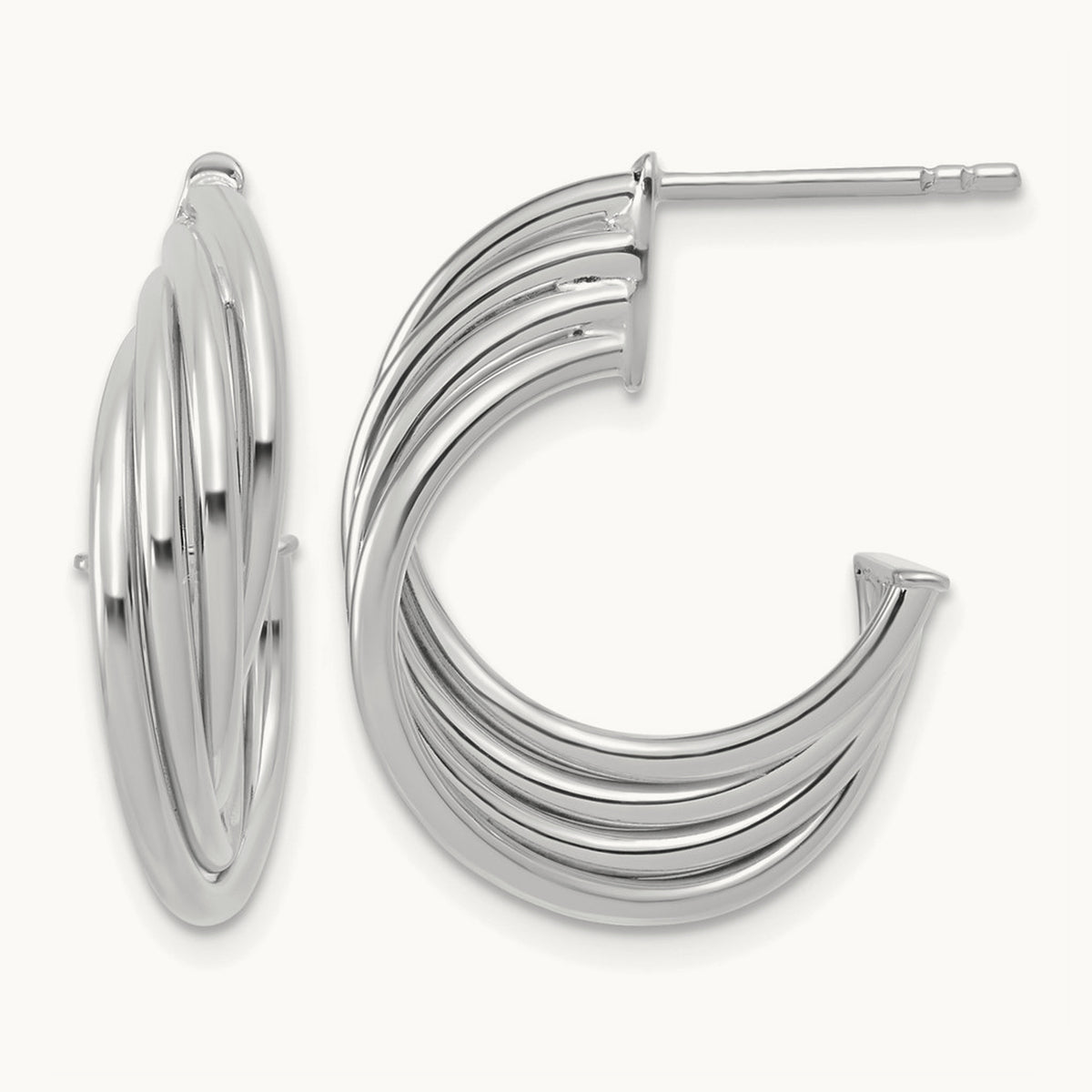 Polished 3-Row Twist J-Hoop Post Earrings — 10K Two-Tone Gold
