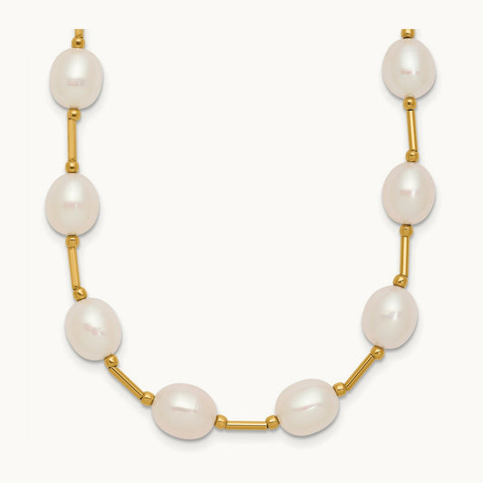 7- White Rice Freshwater Cultured Pearl Bead Necklace, 8mm, 14K