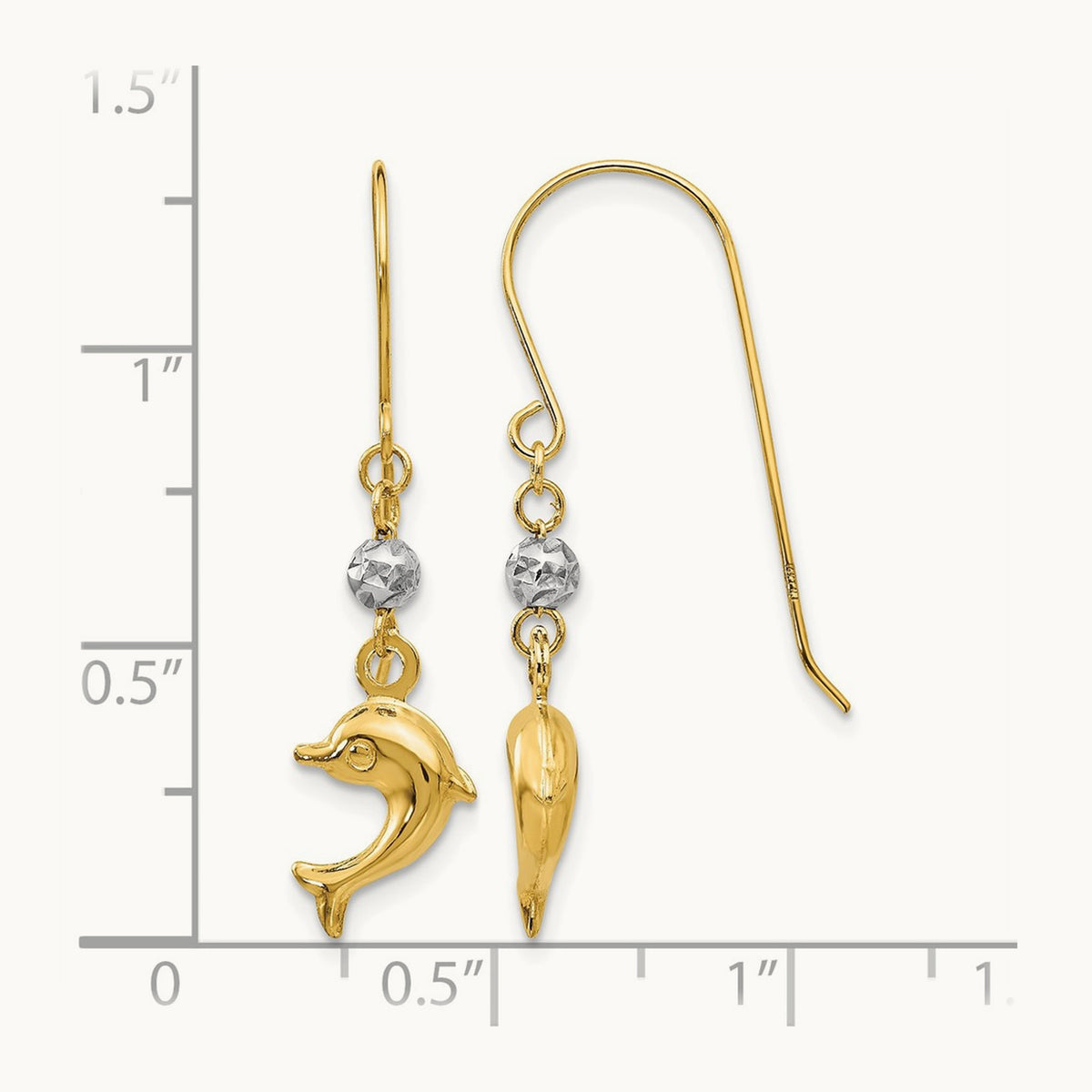 Two Toned Puffed Dolphin Shepherd Hook Earrings, 14K