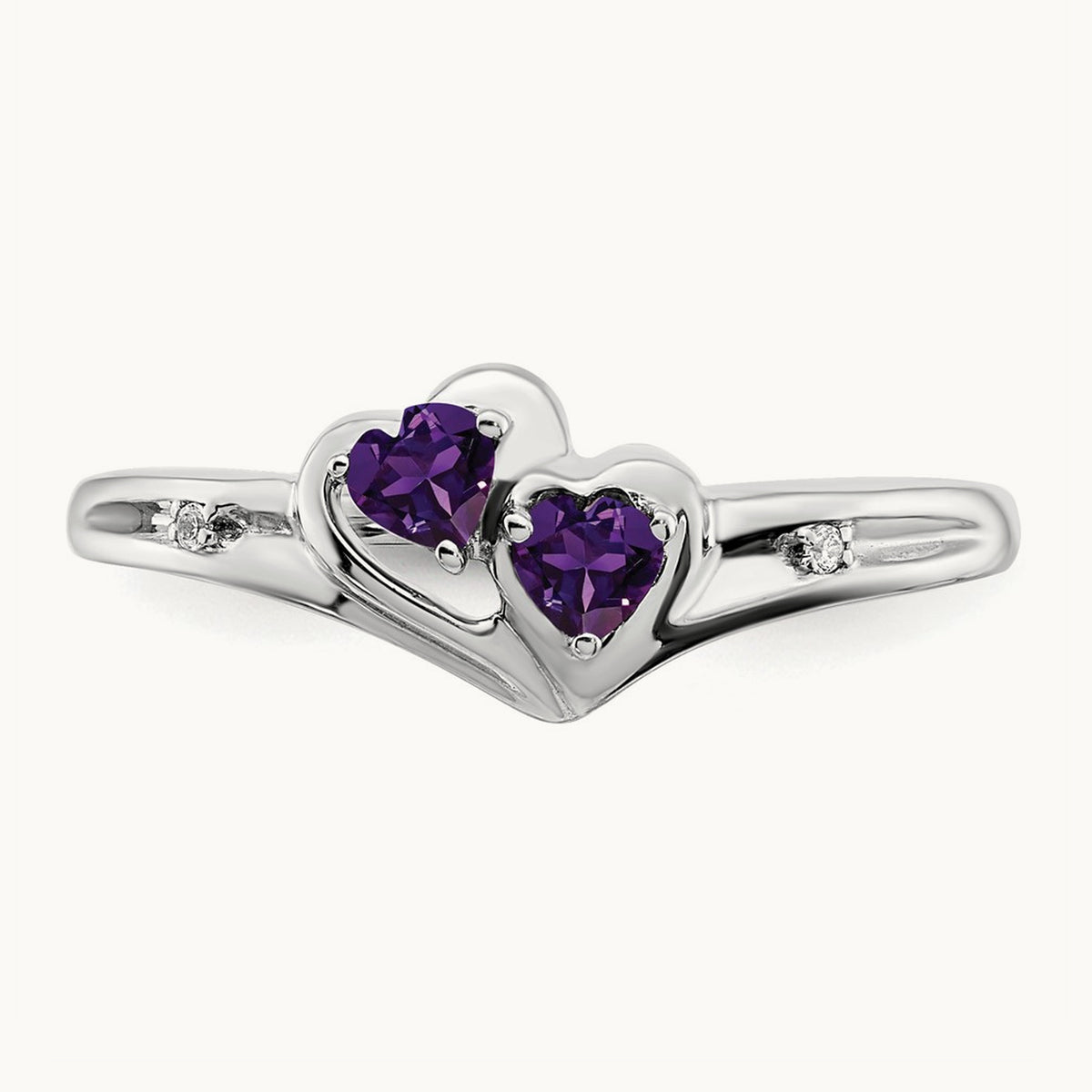 Amethyst and Diamond 2-stone Heart Ring, 14K White Gold