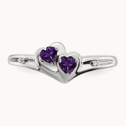 Amethyst and Diamond 2-stone Heart Ring, 14K White Gold