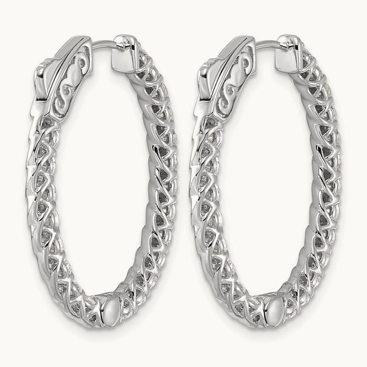 Diamond Oval Hoop w/Safety Clasp Earrings, 14K White Gold