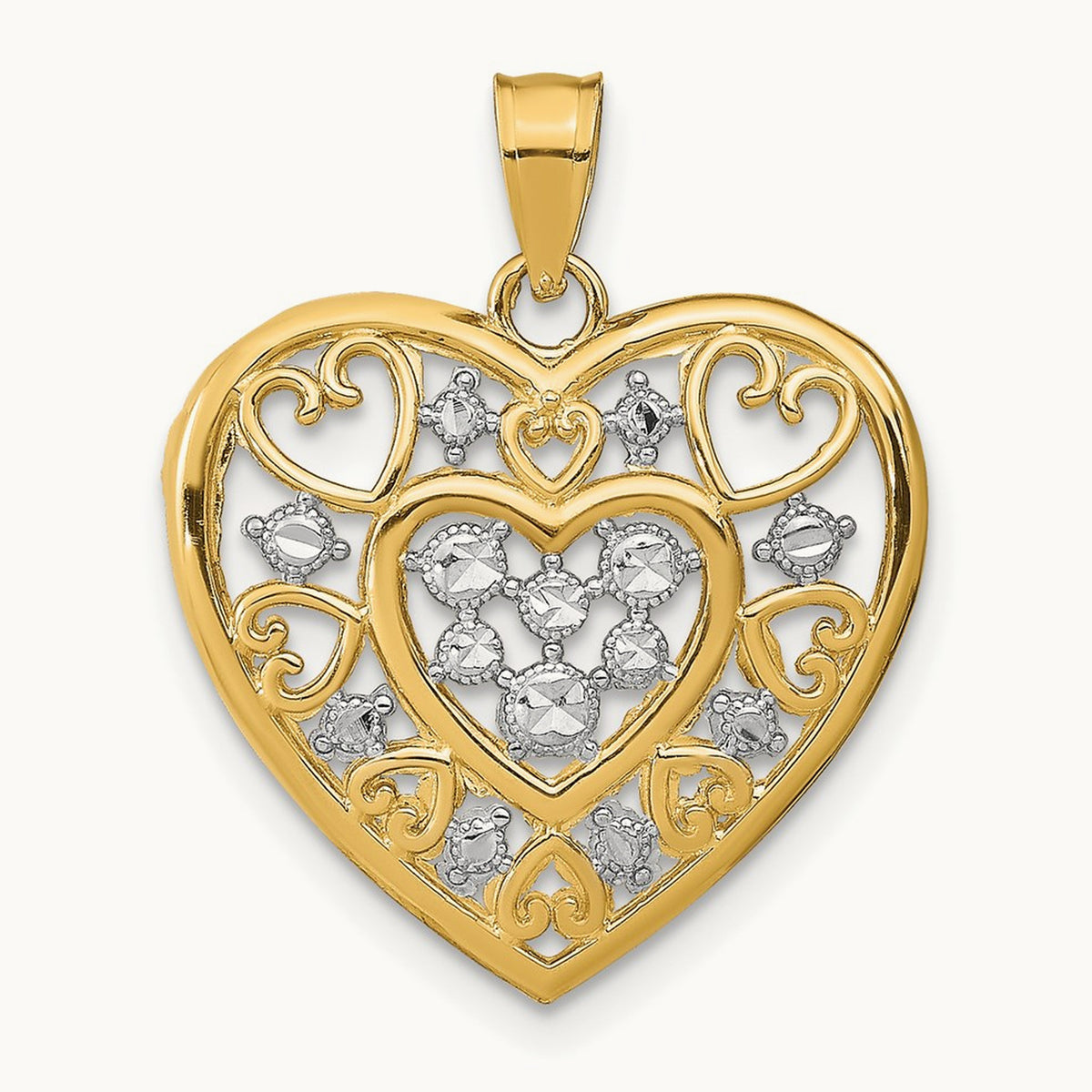 w/Rhodium Cut-Out Filigree Heart Charm, 14K