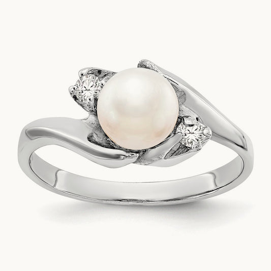 FW Cultured Pearl AA Diamond ring, 6mm, 14K White Gold