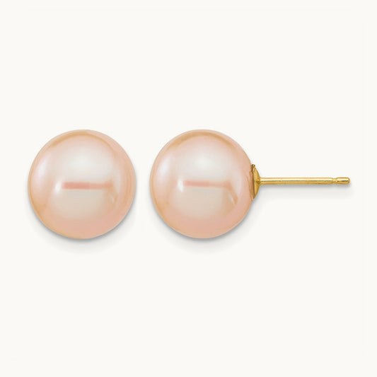 10- Round Pink Freshwater Cultured Pearl Earrings, 11mm, 14K