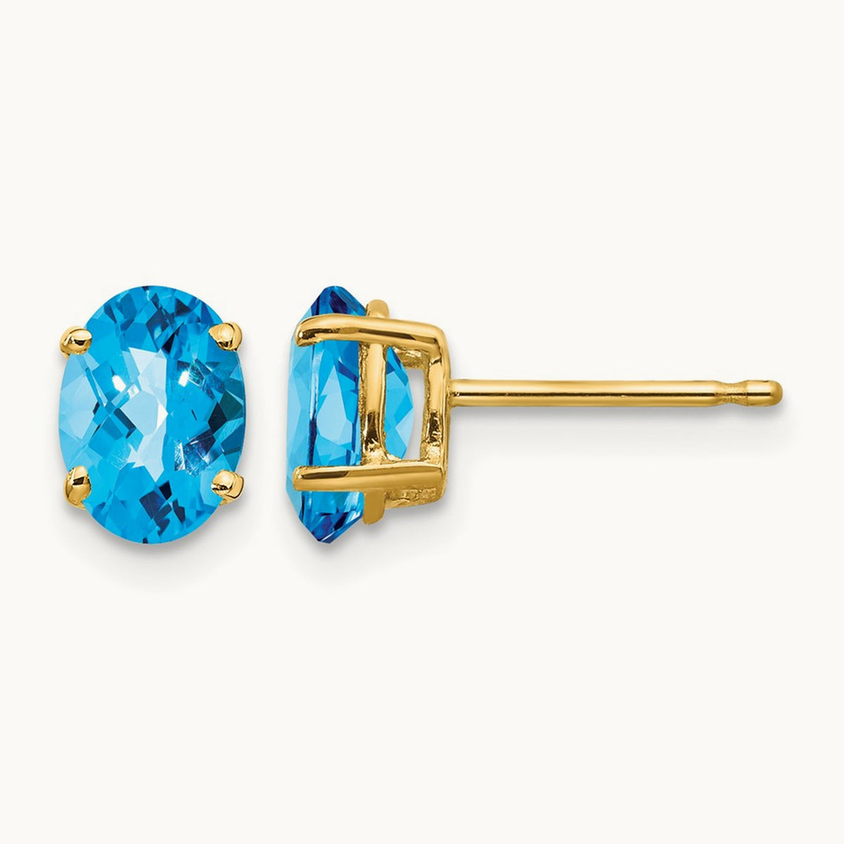 7x5mm Oval Blue Topaz Checker Earrings, 14K