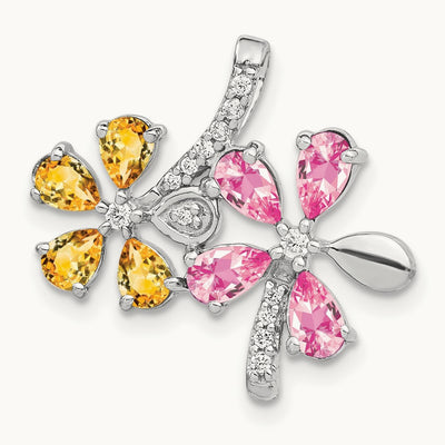 Diamond and 2.44 Citrine/Pink Tourmaline Flower Pendant, 14K White Gold