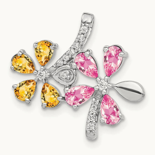 Diamond and 2.44 Citrine/Pink Tourmaline Flower Pendant, 14K White Gold