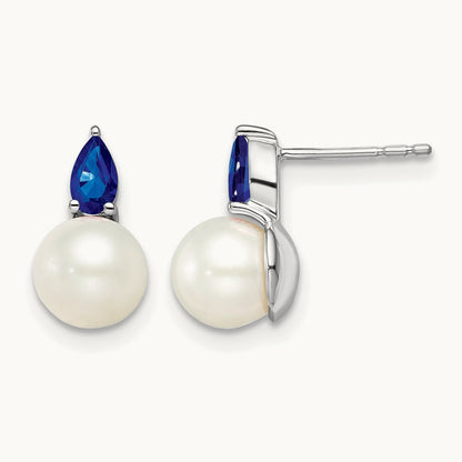 FWC Pearl and Sapphire Post Earrings, 14K White Gold