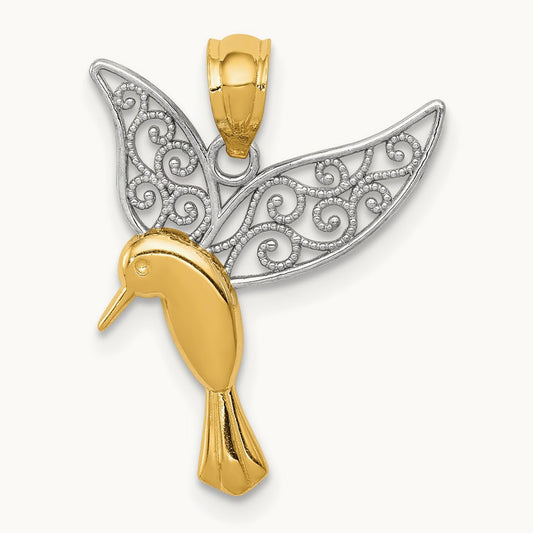 w/Rhodium Polished Hummingbird Filigree Wings Pendant, 14K