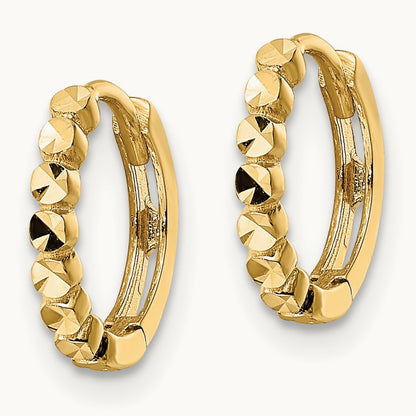 Diamond-cut Hinged Hoop Earrings — 14K Yellow Gold, 2x12mm