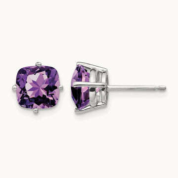 7x7mm Cushion Amethyst earring, 14K White Gold