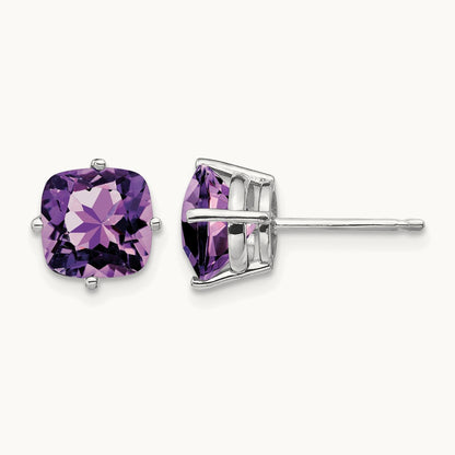 7x7mm Cushion Amethyst earring, 14K White Gold
