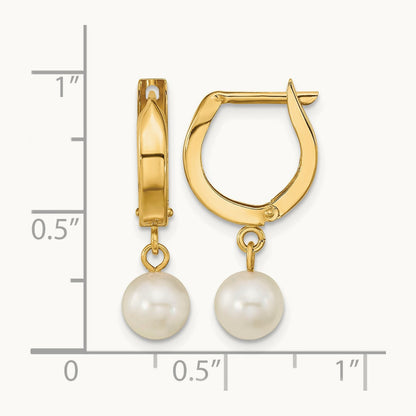 6- White Round Akoya Saltwater Cultured Pearl Hoop Dangle Earrings, 7mm, 14K