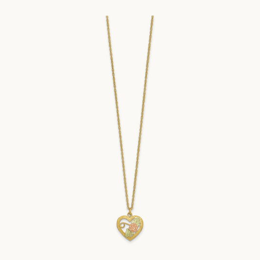 w/12k Accent Tri-color Black Hills Gold D/C Flower Heart Necklace, 10K