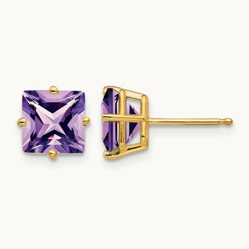 Princess Cut Amethyst Earrings, 7mm, 14K
