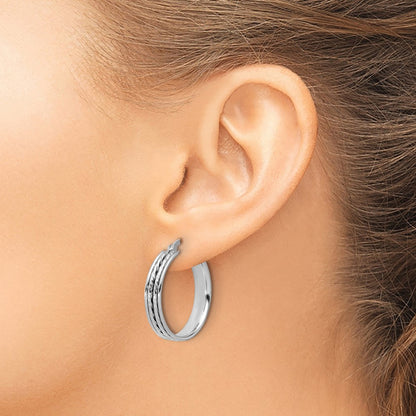 Rhodium-plated Polished and Diamond-cut Round Hoop Earrings — 25x5mm