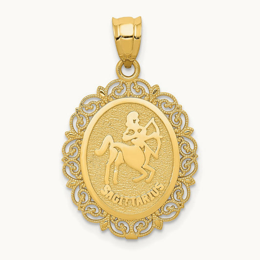 Solid Satin Polished Sagittarius Zodiac Oval Pendant, 14K