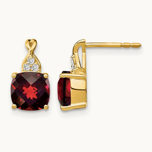 Checkerboard Garnet and Diamond Earrings, 14K