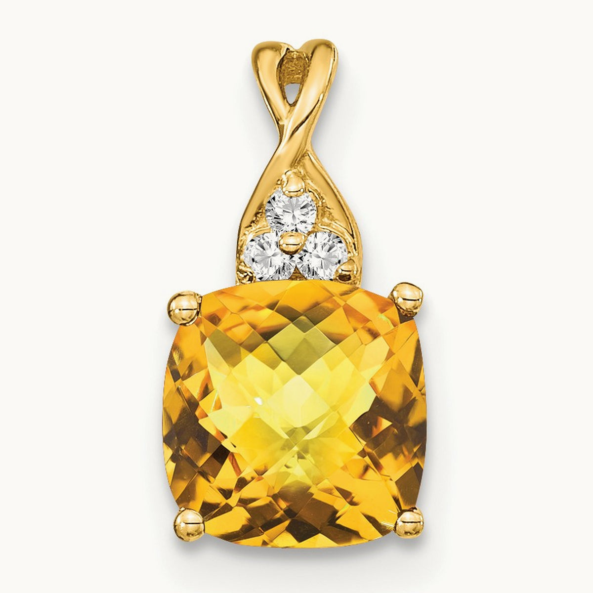 Checkerboard Citrine and Diamond Pendant — 14K Yellow Gold