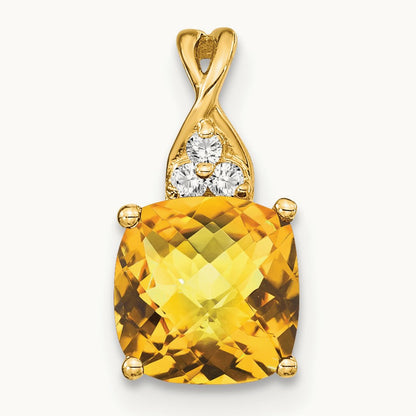 Checkerboard Citrine and Diamond Pendant — 14K Yellow Gold