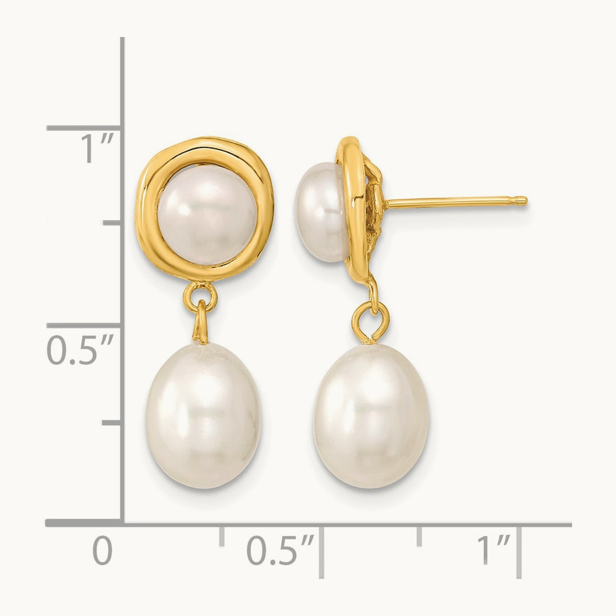 5- White Button/Rice Freshwater Cultured Pearl Dangle Post Earrings, 7mm, 14K