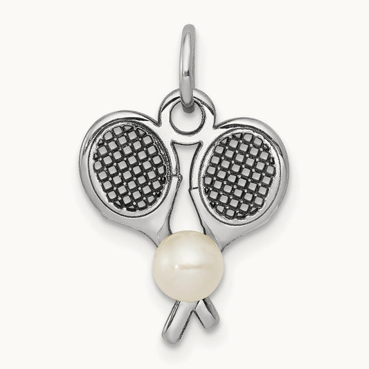 Tennis Racquets W/FWC Pearl Charm, 14K White Gold