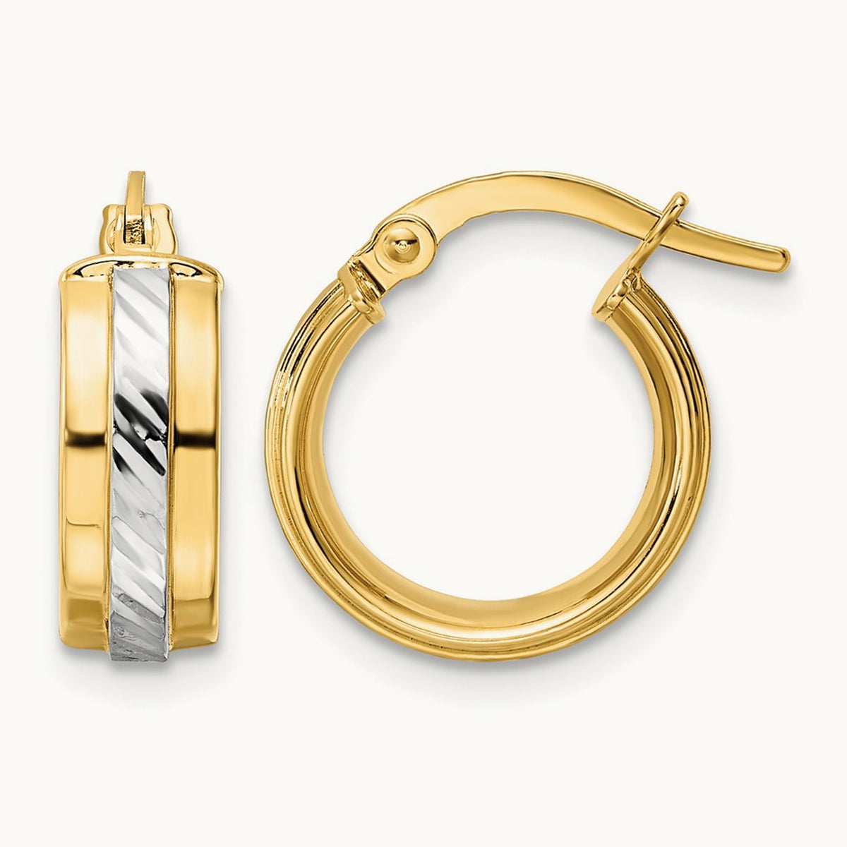 w/ White Rhodium Diamond-cut Hoop Earrings, 14K
