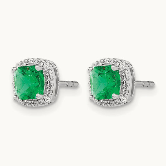 Cushion Emerald and Diamond Halo Earrings, 14K White Gold