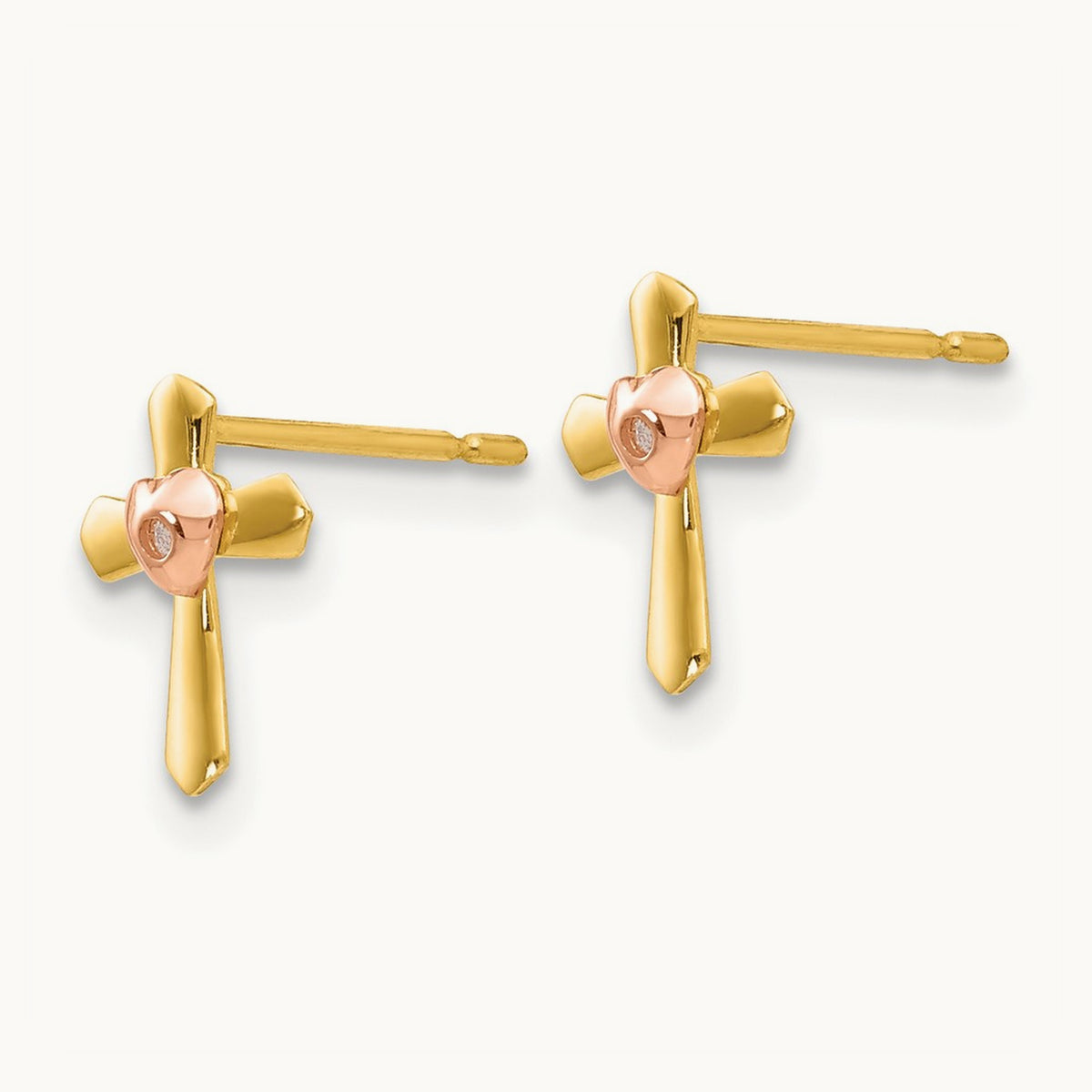 & Rose Gold Madi K Children's Cross Heart Post Earrings, 14K Yellow