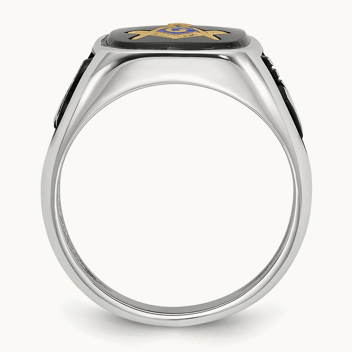 & Gold-plated Men's Textured w/ Black Enamel & Onyx Masonic Ring, 14K White Gold